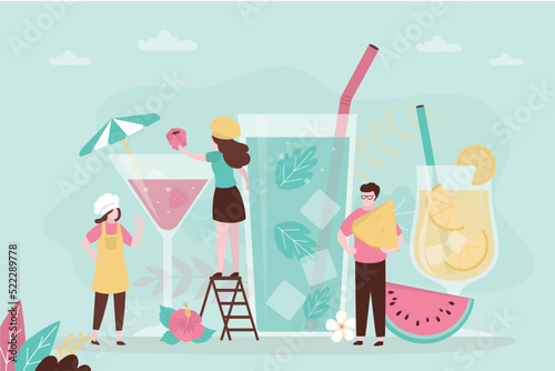 Girl puts raspberries in cooling cocktail. People preparing summer refreshing drinks