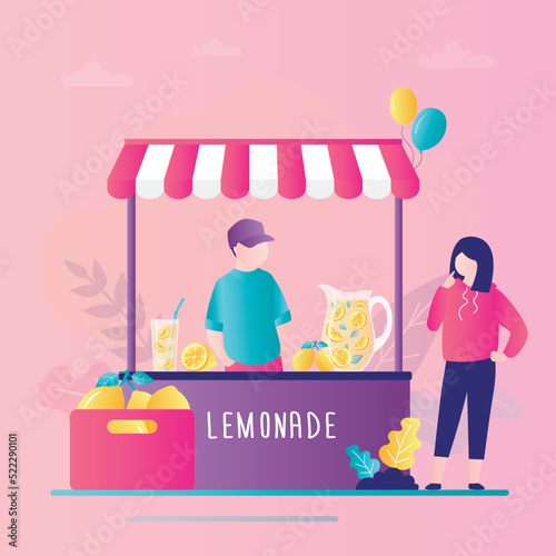 Girl thinking about buying glass of homemade lemonade. Young businessman opened kiosk selling cocktails