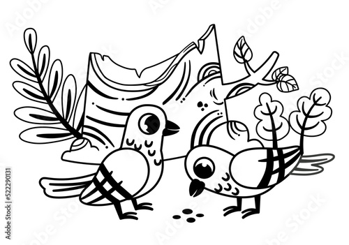 Black and white vector illustration of two pigeons in nature.