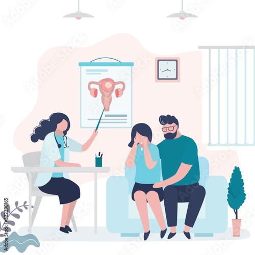 Doctor informs woman about problems of reproductive system. Couple at gynecologist's appointment learned about infertility