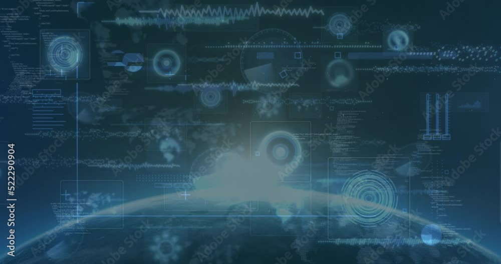 Animation of bright light on globe with hud, infographic data processing on digital interface Animation of bright light on globe with hud, infographic data processing on digital interface