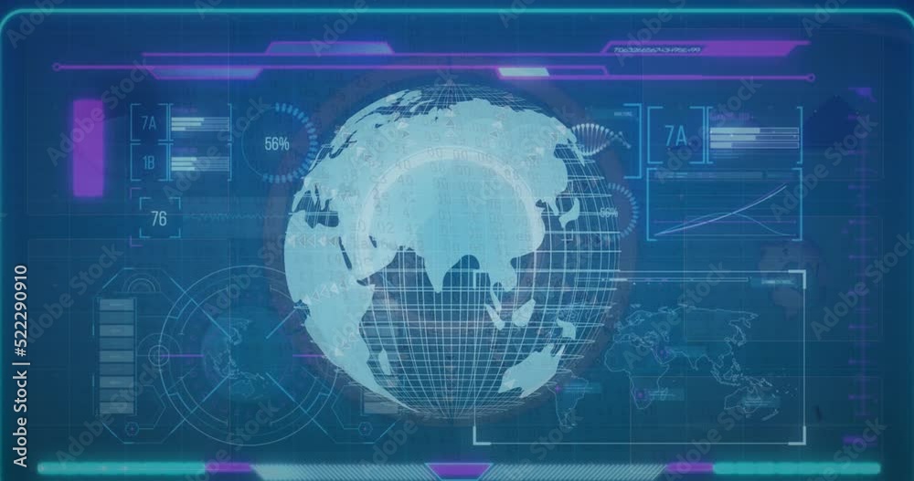 Animation of infographic data processing with globe rotating on digital interface