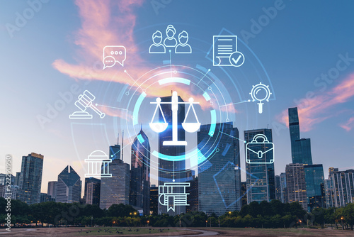 Panorama cityscape of Chicago downtown and Riverwalk, boardwalk with bridges at sunset, Illinois, USA. Glowing hologram legal icons. The concept of law, order, regulations and digital justice