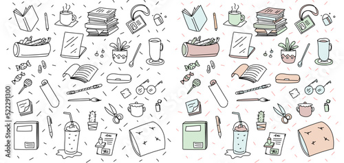 set of office accessories objects on a work desk with doodle, simple lines, drawing style, in pastel and black and white version  