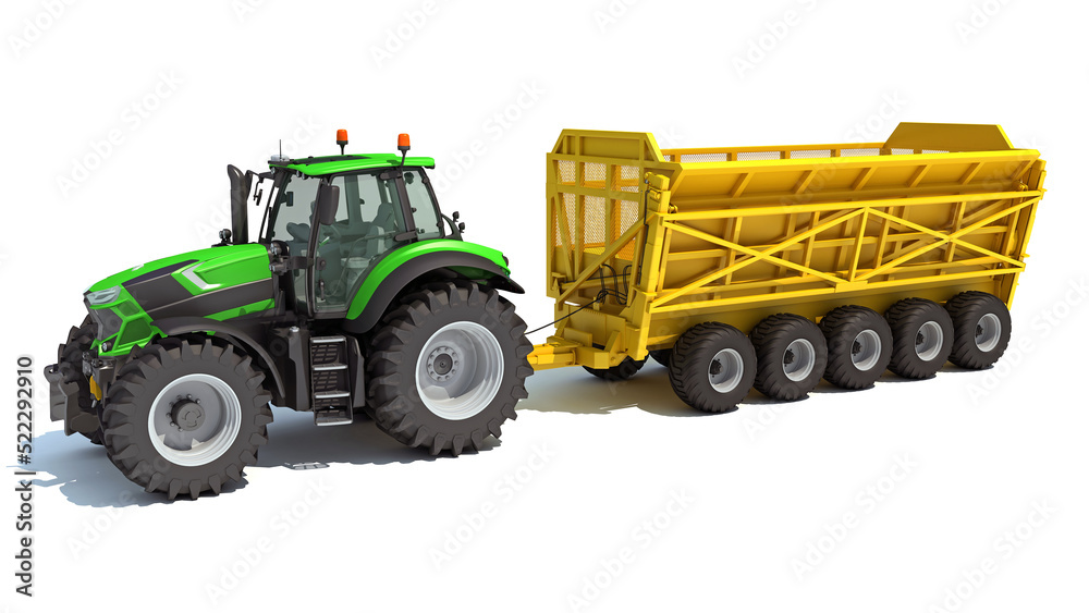 Tractor with Trailer farm equipment 3D rendering on white background Tractor with Trailer farm equipment 3D rendering on white background