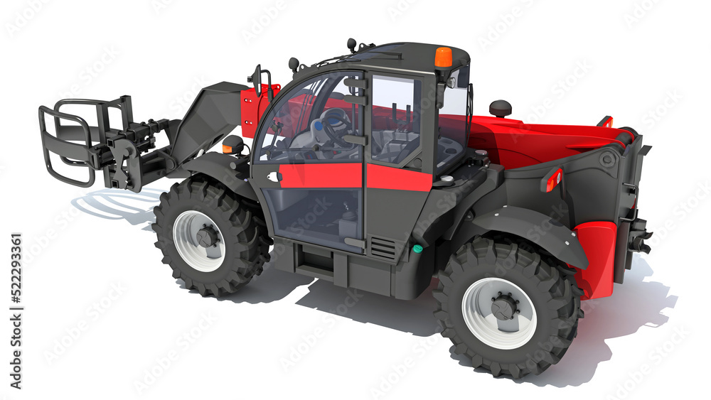 Telescopic Telehandler construction machinery 3D rendering on white background