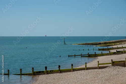 old wooden groynes on the beach at Selsey West Sussex England