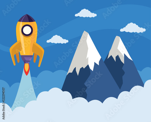 start up rocket and mountains