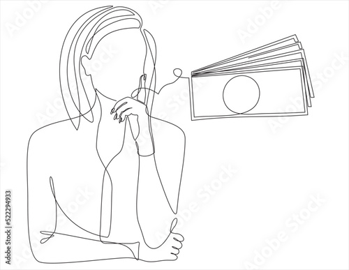 one line drawing of woman thinking about money
