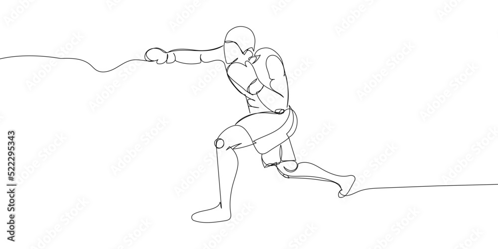 Boxer in a fight one line art. Continuous line drawing hit, protective mask, boxing gloves, fight, athletes, battle, man, sport, boxing ring. Boxer in a fight one line art. Continuous line drawing hit, protective mask, boxing gloves, fight, athletes, battle, man, sport, boxing ring.