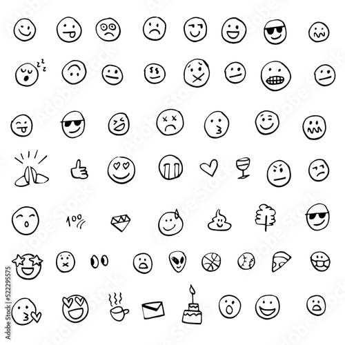 Emojis, emoticons hand drawn, irregular shapes made with marker pen. Vector illustration of different facial expressions: joy, anger, sadness, happiness. Free-hand drawing.