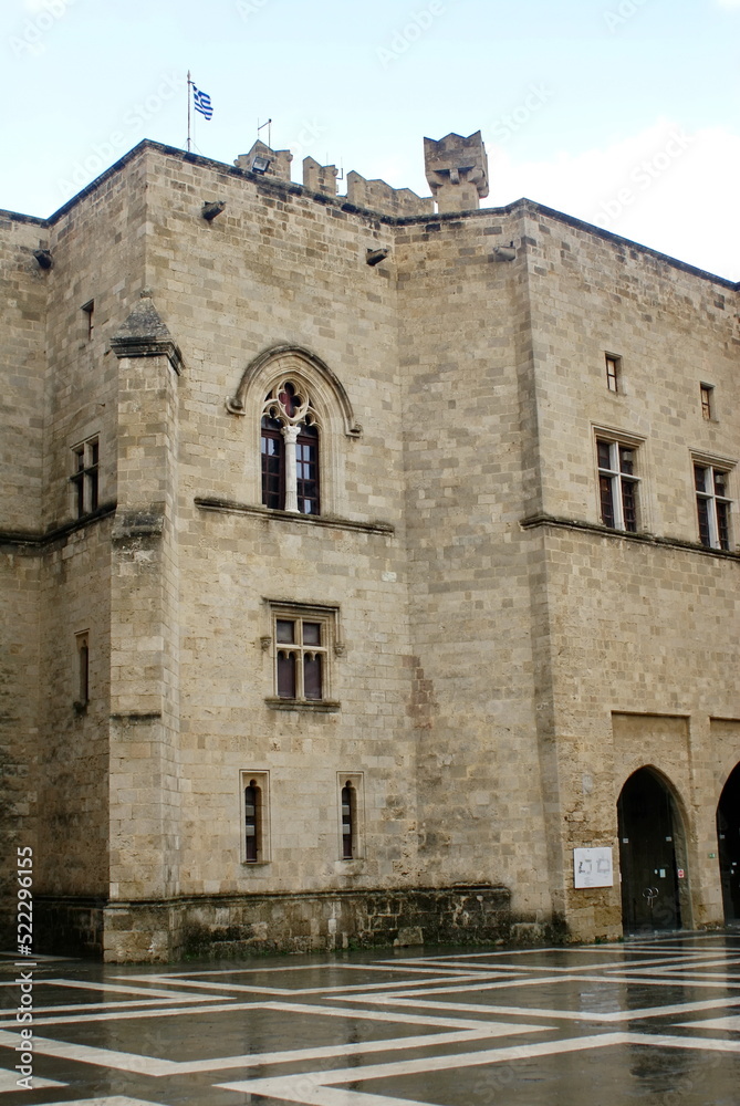 Palace of the Grand Master of the Knights of Rhodes, on the island of Rhodes, Greece, in the rain