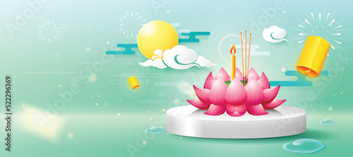 Loy Krathong Festival in Thailand banner design with Full moon,lanterns and copy space for text.Celebration and Culture of Thailand-Vector Illustration