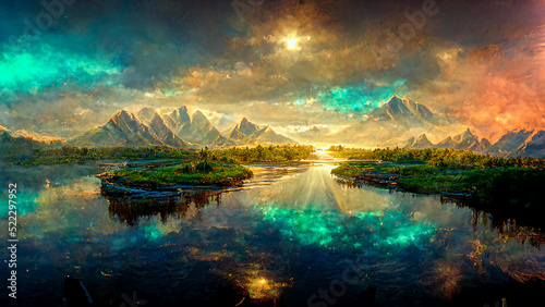 Colorful landscape with sea  mountains and northern lights during the day  drawings made by artificial intelligence It is a future technology that creates images with imagination 3D RENDER