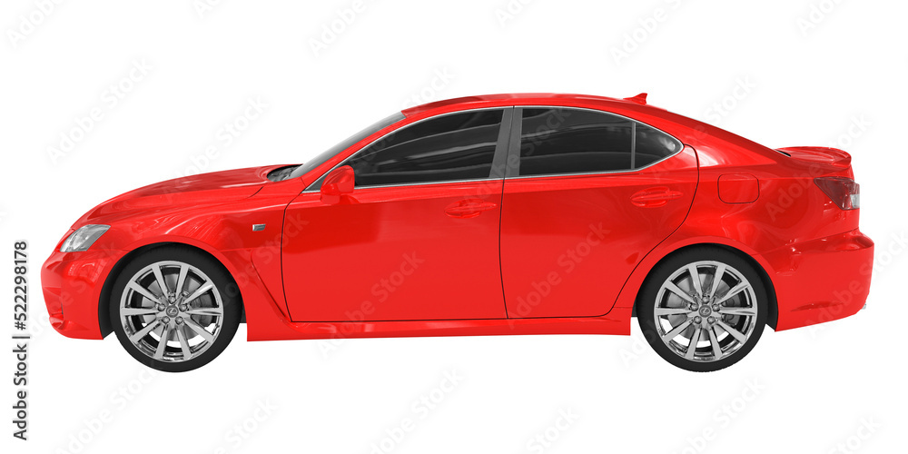 Fototapeta premium car isolated on white - red paint, tinted glass - left side view - 3d rendering