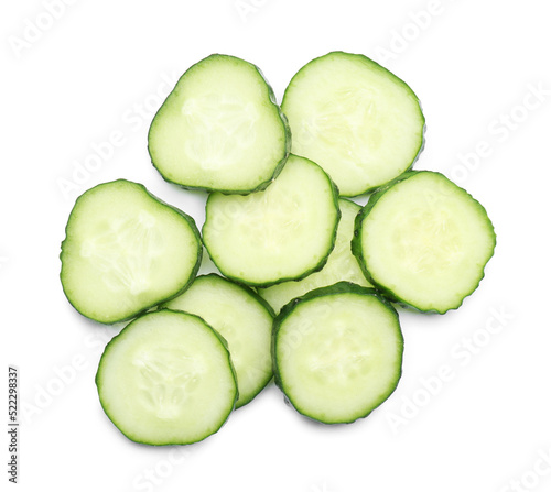 Slices of fresh ripe cucumber isolated on white, top view