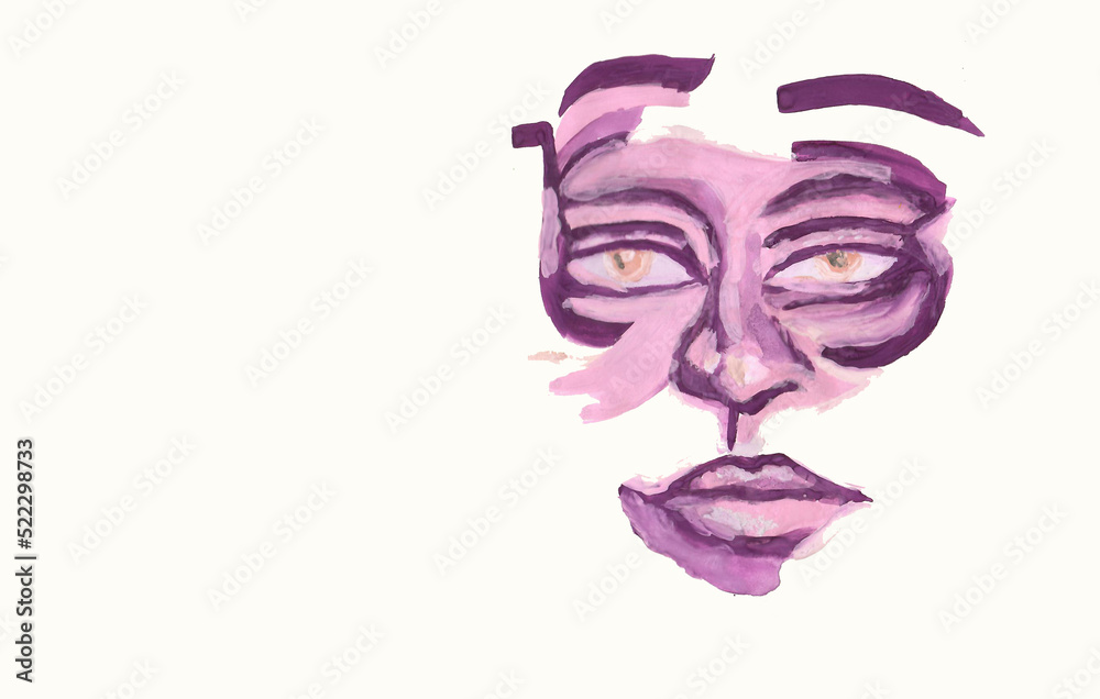 human face hand drawn as a mask on the right side of white background, creative art modern design
