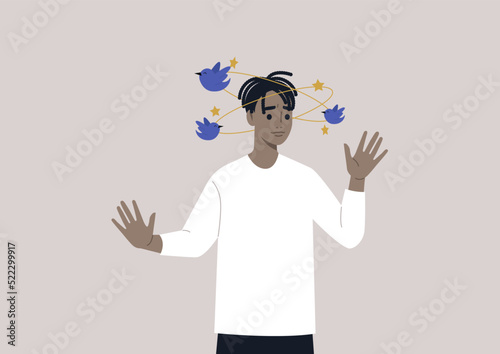 A young male African character feeling dizzy with blue birds and yellow stars orbiting around their head