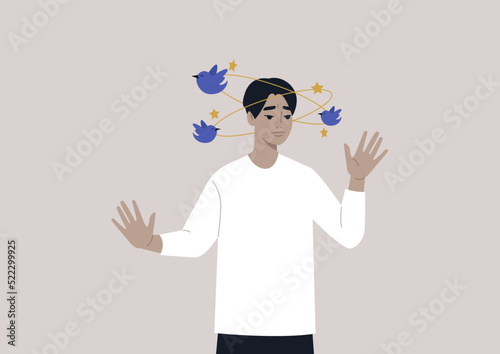 A young male Asian character feeling dizzy with blue birds and yellow stars orbiting around their head