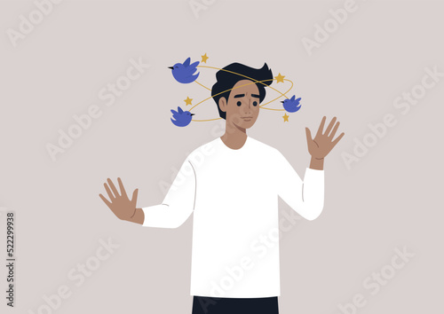 A young male Caucasian character feeling dizzy with blue birds and yellow stars orbiting around their head