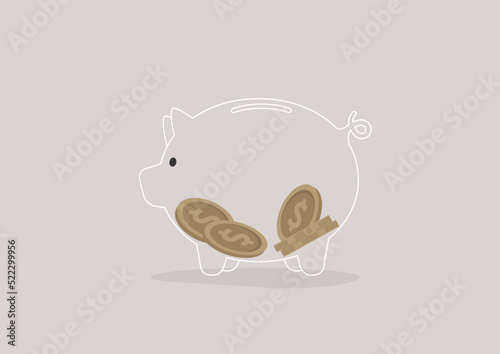 A glass piggy bank with coins inside, transparent banking service, financial industry