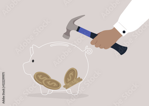 Smashing a glass piggy bank with a hammer, economical crisis, savings account
