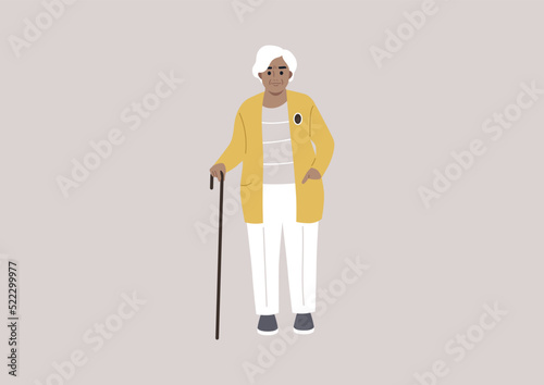 A portrait of a senior Caucasian lady with a walking cane, a cartoon character
