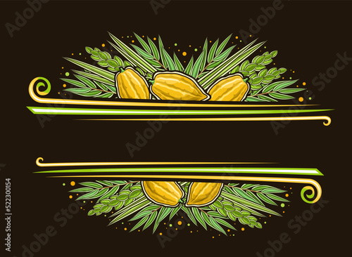 Vector border for Sukkot with blank copy space for congratulation text, decorative greeting card with illustration of traditional four species leaves for sukkot judaic celebration on dark background