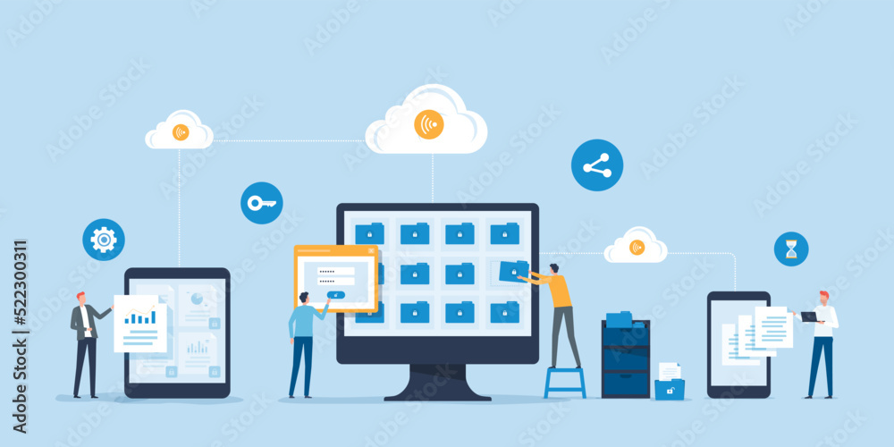flat vector business technology document management system storage backup concept and cloud server service with administrator and developer team working concept flat vector business technology document management system storage backup concept and cloud server service with administrator and developer team working concept