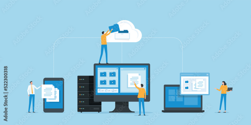 flat vector business technology document management system storage backup concept and cloud server service with administrator and developer team working concept - obrazy, fototapety, plakaty 