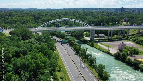 Aerial zoom of Highway 406 in St Catharines, Ontario, Canada 4K