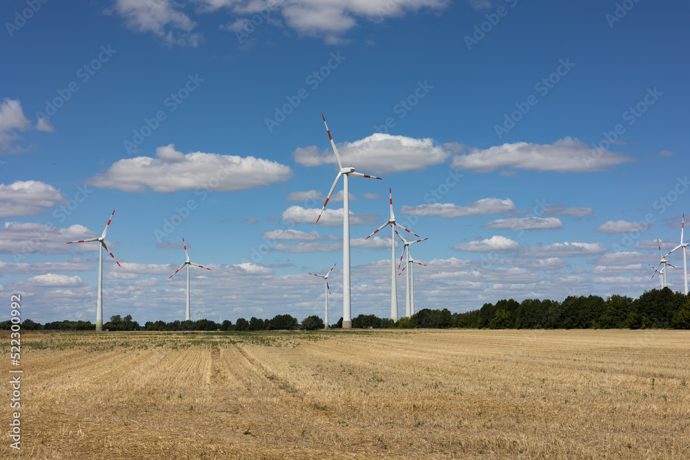 Wind turbines on harvested field. Blue sky with few clouds and forest in the background. Wind turbines on harvested field. Blue sky with few clouds and forest in the background.
