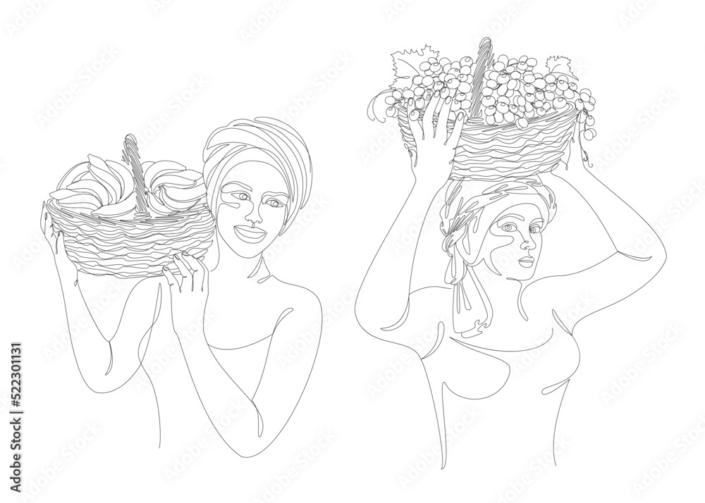 Collection. Silhouettes of a girl in a headscarf. The lady is holding a basket of grapes and bananas in her hands. Woman in modern one line style. Solid line, outline, logo. Vector illustration, set. Collection. Silhouettes of a girl in a headscarf. The lady is holding a basket of grapes and bananas in her hands. Woman in modern one line style. Solid line, outline, logo. Vector illustration, set.