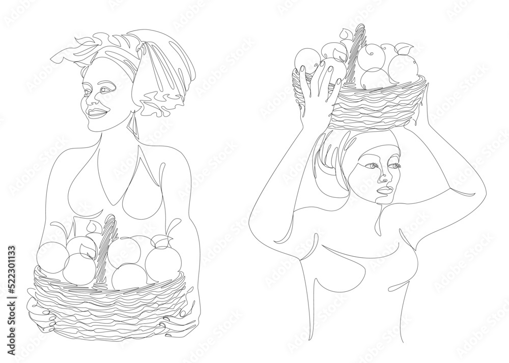 Collection. Silhouettes of a girl in a headscarf. The lady is holding a basket of apples in her hands. oranges. Woman in modern one line style. Solid line, outline, stickers, logo. Vector illustration