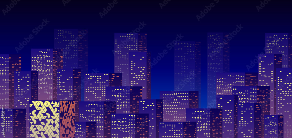 Obraz premium Neon night in the business city with skyscrapers. Purple highrise cityscape background in 80s style with neon lights in the windows.
