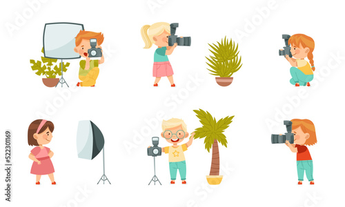 Little Boy and Girl Holding Camera and Taking Photo Vector Illustration Set