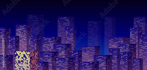 Neon night in the business city with skyscrapers. Purple highrise cityscape background in 80s style with neon lights in the windows.