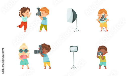 Little Boy and Girl Holding Camera and Taking Photo Vector Illustration Set