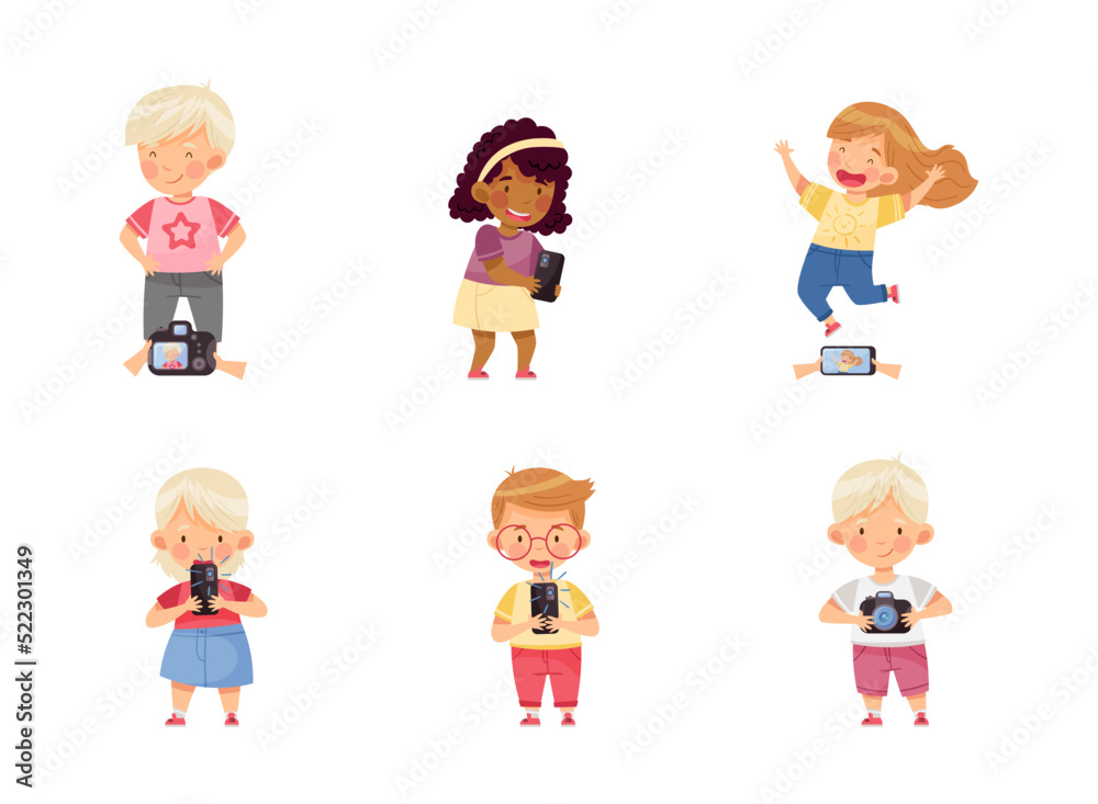 Little Boy and Girl with Smartphone and Camera Taking Photo Vector Illustration Set Little Boy and Girl with Smartphone and Camera Taking Photo Vector Illustration Set