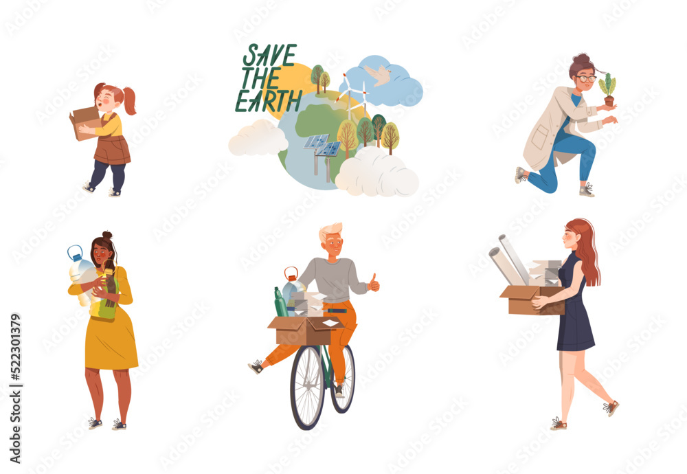 People Character Saving Earth Taking Care of Nature and Environment Planting and Sorting Garbage Vector Set