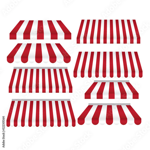 A set of striped red and white awnings.Canopy or roof for store or market.Tent of shop.Cafe sunshade.Circus concept.Realistic vector illustration isolated.3d mockup or template.Shopping concept.