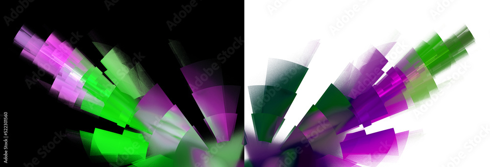 Colorful rays of various shapes consist of fragments and diverge in a circle on white and black backgrounds. Two backgrounds in one. 3d rendering. 3d illustration. Colorful rays of various shapes consist of fragments and diverge in a circle on white and black backgrounds. Two backgrounds in one. 3d rendering. 3d illustration.