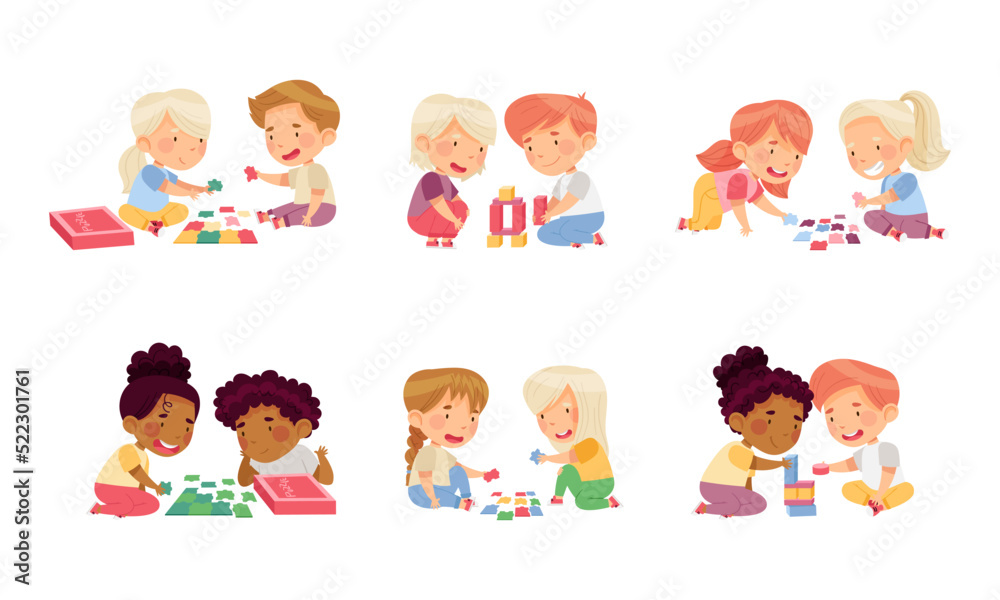 Children Playing Toy Blocks and Jigsaw Puzzle Sitting on the Floor in Nursery Vector Set Children Playing Toy Blocks and Jigsaw Puzzle Sitting on the Floor in Nursery Vector Set