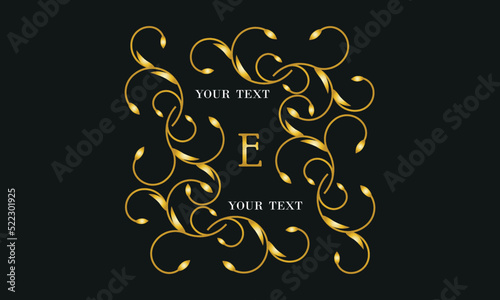 Logo design template in trendy linear style with flowers and leaves, letter E on black background - luxury products, cosmetics packaging, fancy monogram.