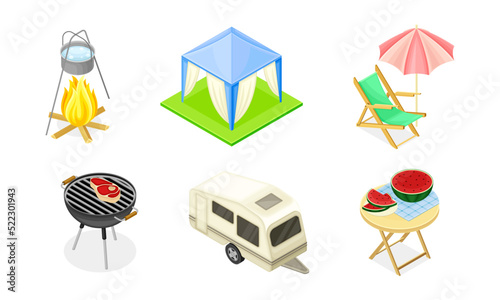 Camping and Picnic with Trailer, Barbecue Grill and Tent as Summer Outdoor Activity Isometric Vector Set