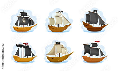 Pirate Sailing Ship with Square Rigged Masts Navigating Upon Water Vector Set