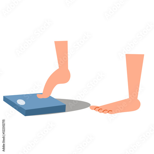 A person begins to stand on the scales. Control of excess weight. Vector illustration in a flat style.