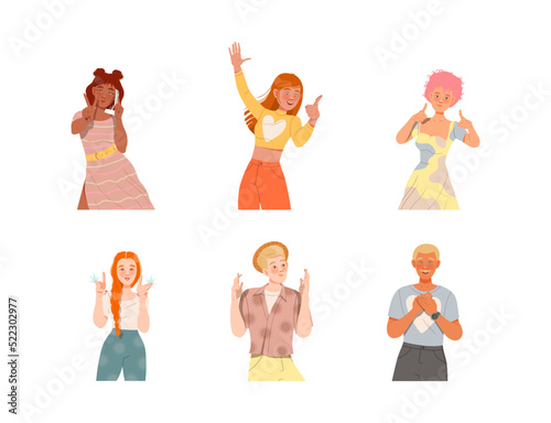 Man and Woman Showing Positive Hand Gesture Feeling Happiness and Excitement Vector Set