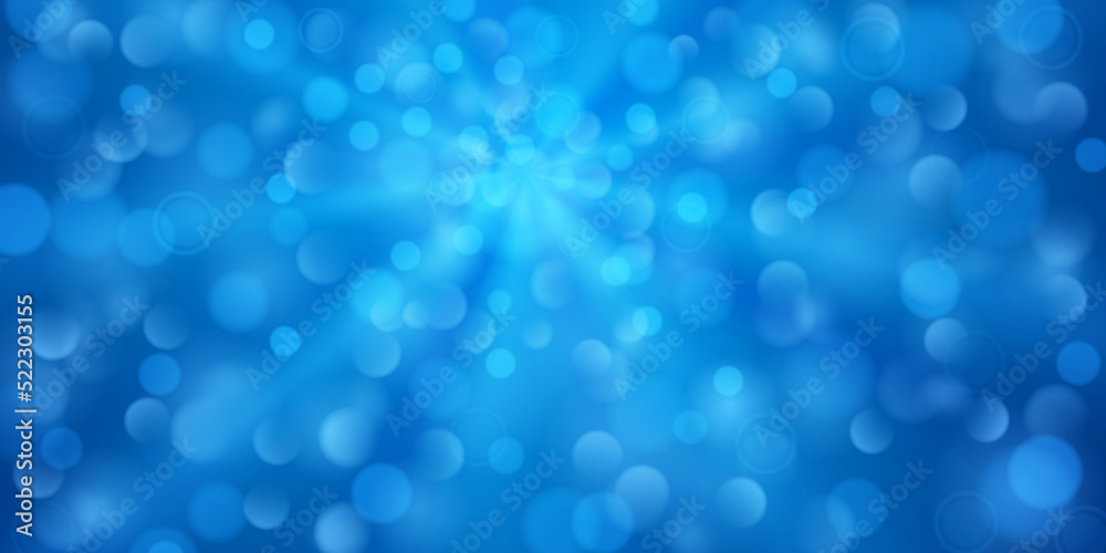 Abstract background in blue colors with diverging rays of light and small translucent circles with bokeh effect