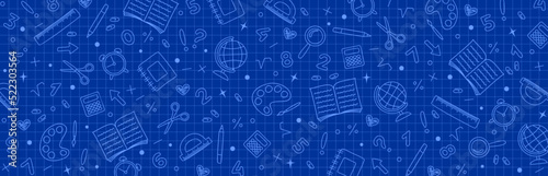 Graph blue background with hand drawn school stationery icons. Back to school concept. Vector illustration